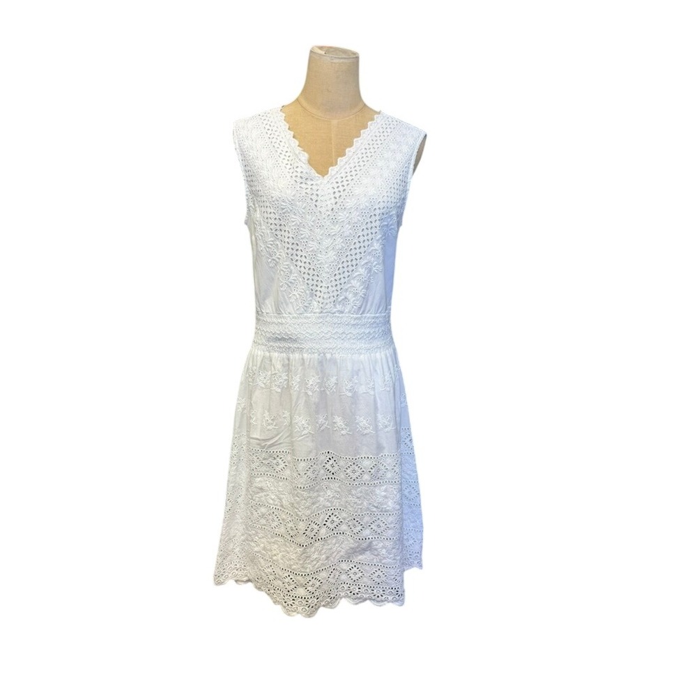 Roller Rabbit Womens White Eyelet Lace Sleeveless Smocked Waist Dress Size M